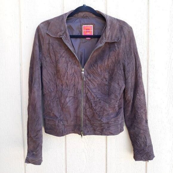 Isaac Mizrahi Leather Suede Jacket Moto Distressed Crinkle Textured Brown Sz M - Picture 13 of 14